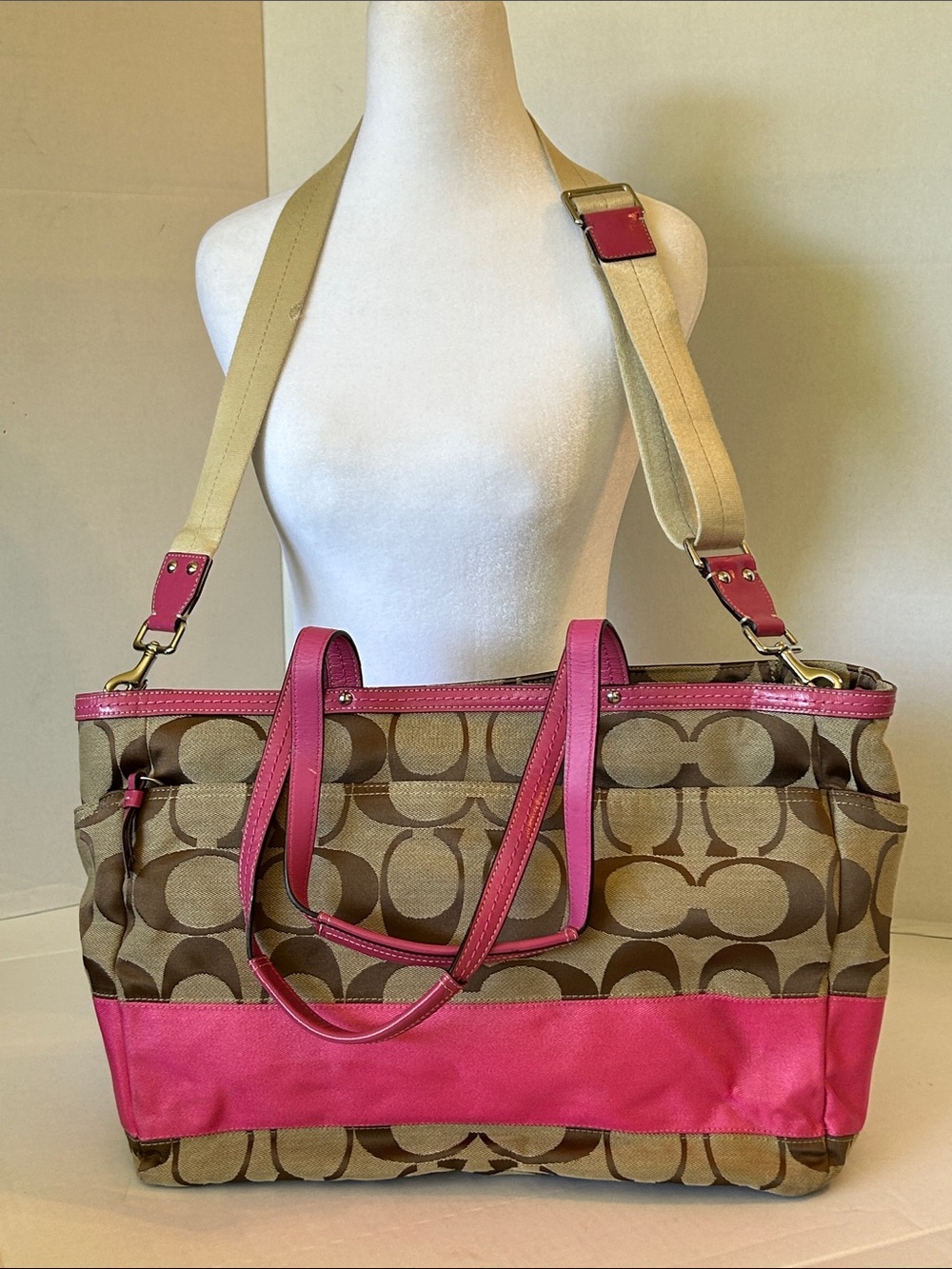 COACH DIAPER BAG SIGNATURE CANVAS  WITH VIBRANT PINK LEATHER ACCENTS